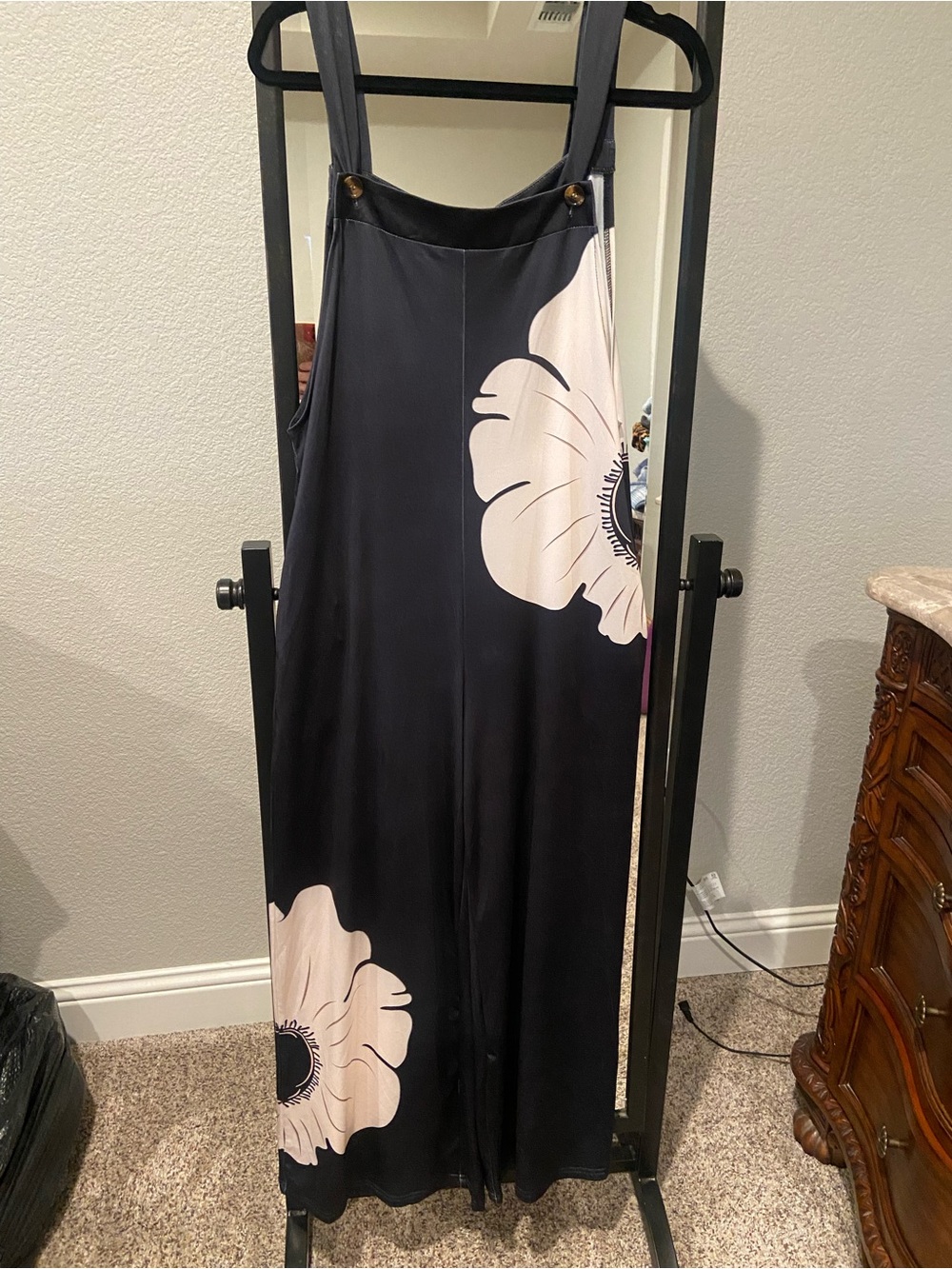 Black Floral Wide-Leg Romper with ivory  Blooms